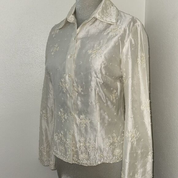 Marina by Marina Bresler 100% silk button down up blouse ivory beaded m medium - Picture 1 of 8